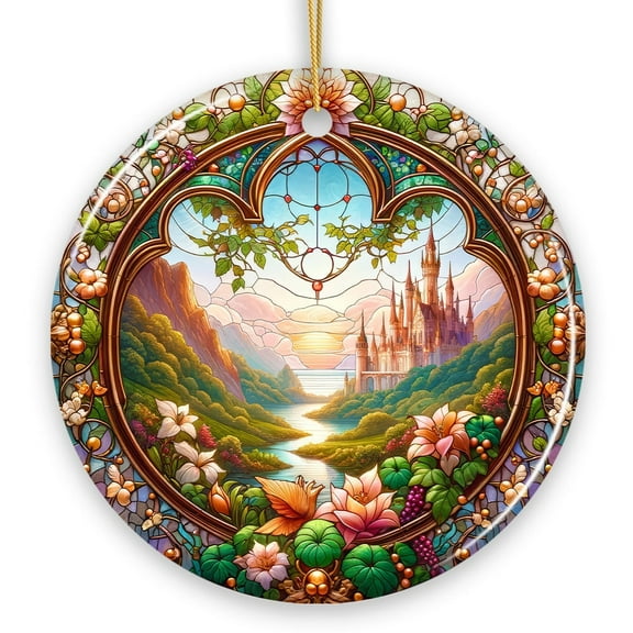 Castle Art with Lush Forest Stained Glass Style Ceramic Ornament, Christmas Gift and Decor
