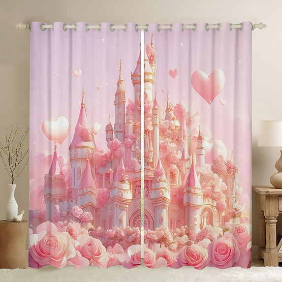 Castle 30%-50% Blackout Curtains Cute Cartoon Castle Curtains Princess Decor Bedroom Curtains,Pink Floral Print Window Curtains Romantic Themed Curtains,52"Wx84"L