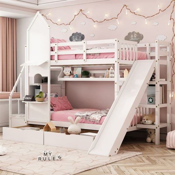 Castle Bunk Bed with Stairs, Slide, 2 Drawers and 3 Shelves, Solid Wood Twin Over Twin Bunk Bed Frame with Full-Length Guardrail, Multifunctional & Space Saving Bunk Bed, No Box Spring Needed, White