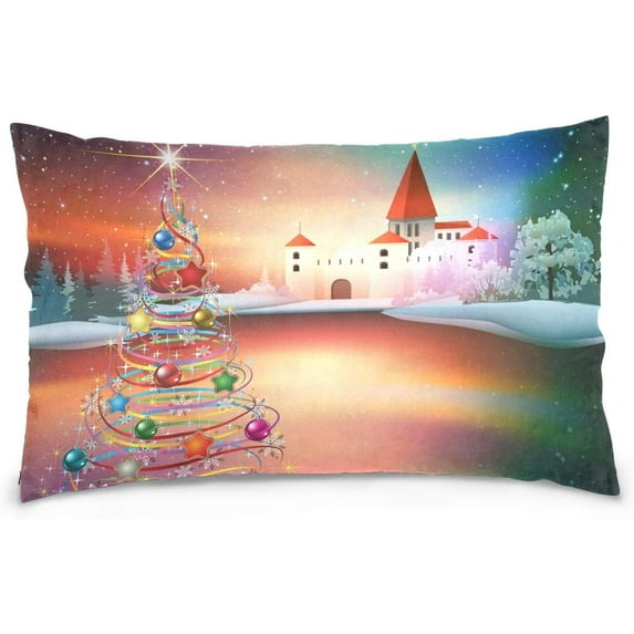 Castle and Christmas Tree Velvet Oblong Lumbar Plush Throw Pillow Cover/Shams Cushion Case 20x30in Decorative Invisible Zipper Design for Couch Sofa Pillowcase Only