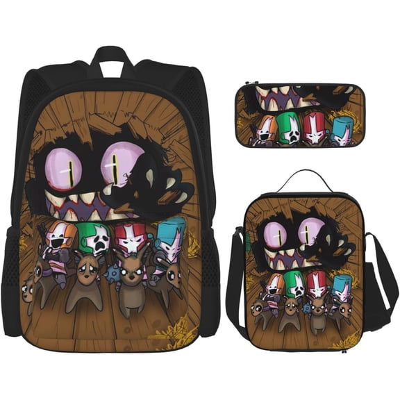 Castle Crashers 3PCS Cartoon Backpack Set High-capacity Laptop Bag Lightweight Lunch Bag Anime Pencil Case