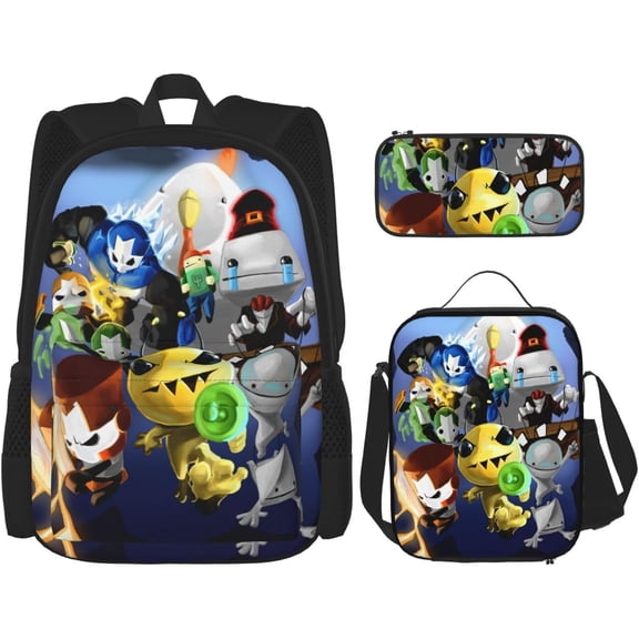 Castle Crashers 3PCS Cartoon Backpack Set High-capacity Laptop Bag Lightweight Lunch Bag Anime Pencil Case