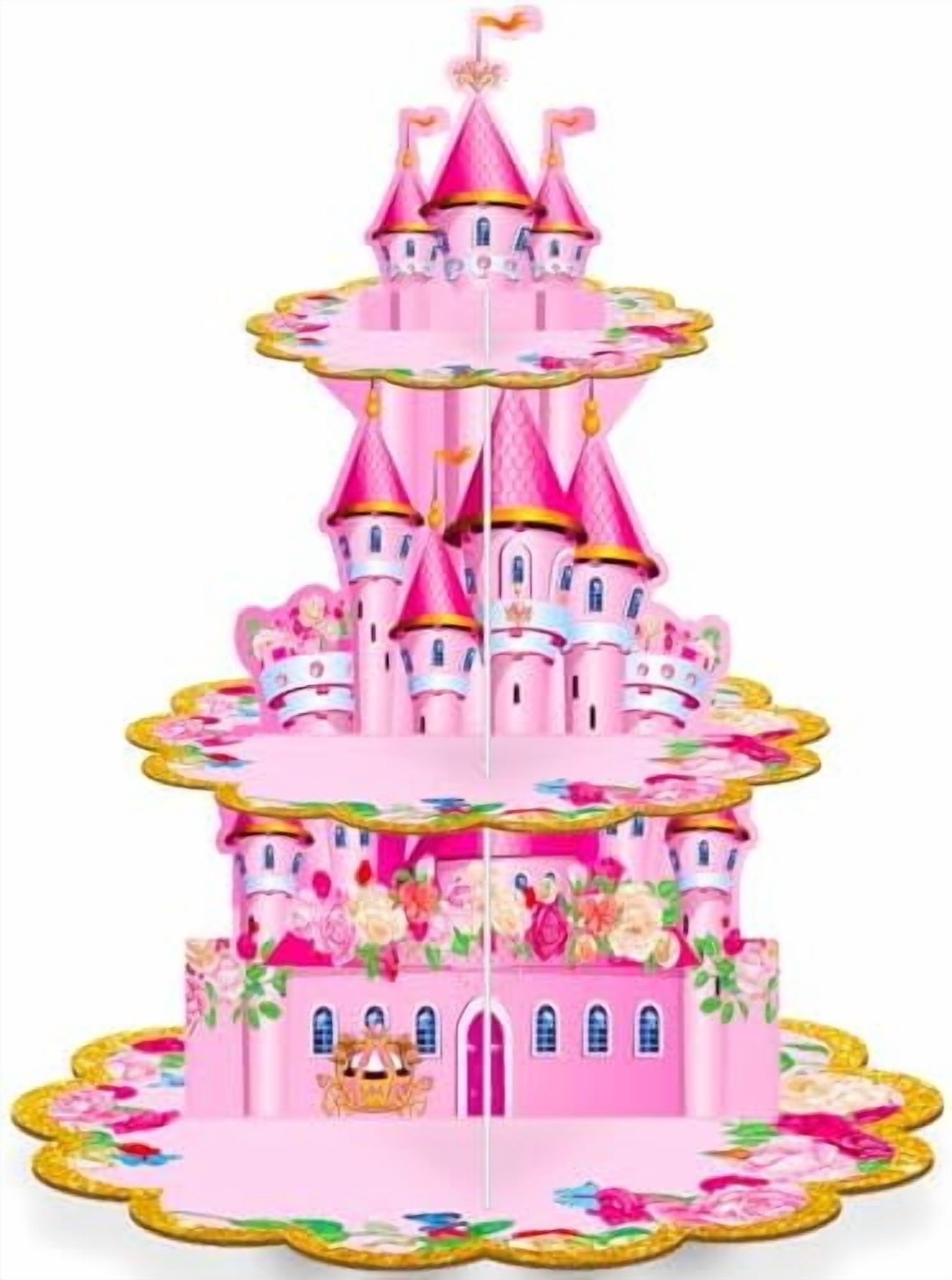 Castello Porta Cupcake A 3 Livelli Rosa Principessa – Supporto Per Torte E Dolci, Cartone Resistente, Motivi Floreali E Farfalle, Per Compleanni E Baby Shower, Altezza 41,9 Cm - 2