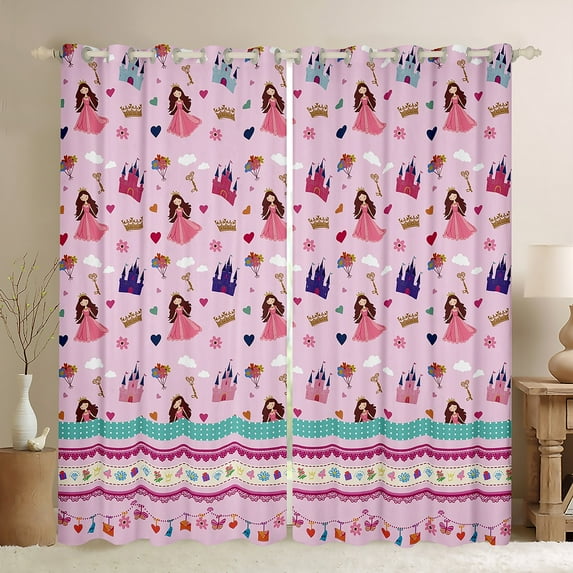 Castle Curtains Princess Room Decor 30%-50% Blackout Curtains Rainbow Castle Print Bedroom Curtains Cute Cartoon Castle Decor Window Curtains Pink Rose Flowers Curtains,2 Panels 2 Panels,(42Wx63L)