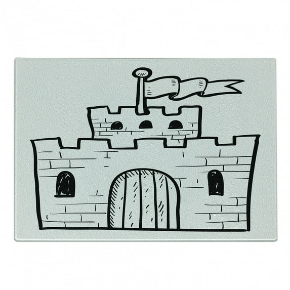 Castle Cutting Board, Monochrome Simple Doodle Style Fortress Fortification Gate Sketch Print, Decorative Tempered Glass Cutting and Serving Board, in 3 Sizes, by Ambesonne