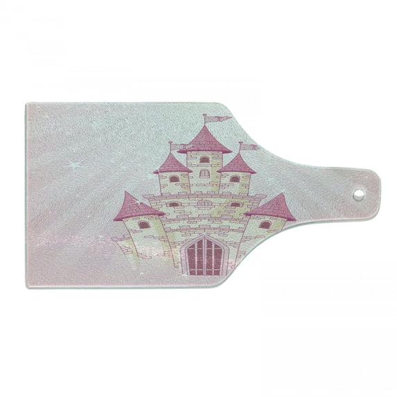Castle Cutting Board, Wonder Tale Princess Fortress Palace Cartoon Childish Fun Illustration, Decorative Tempered Glass Cutting and Serving Board, in 3 Sizes, by Ambesonne