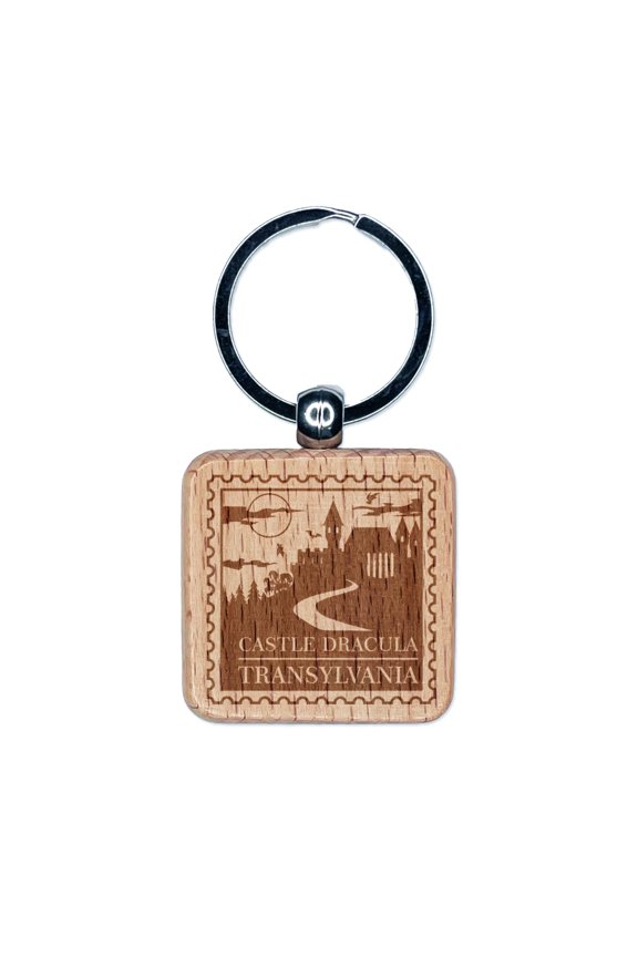 Castle Dracula Transylvania Destination Stamp Square Keychain Charm Tag - Engraved Wood