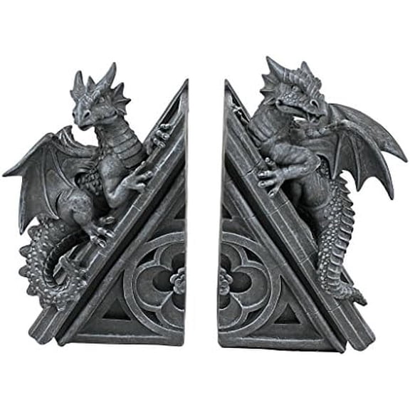 Castle Dragon Gothic Decor Decorative Bookend Statues, 8 Inch, Set of Two, Polyresin, Grey Stone