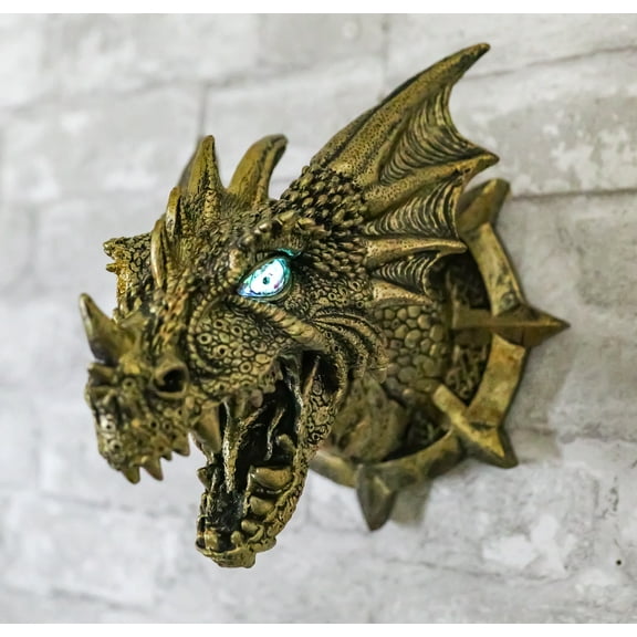 Castle Dungeon Chained Golden Dragon Wall Plaque Decor Color Changing LED Eyes