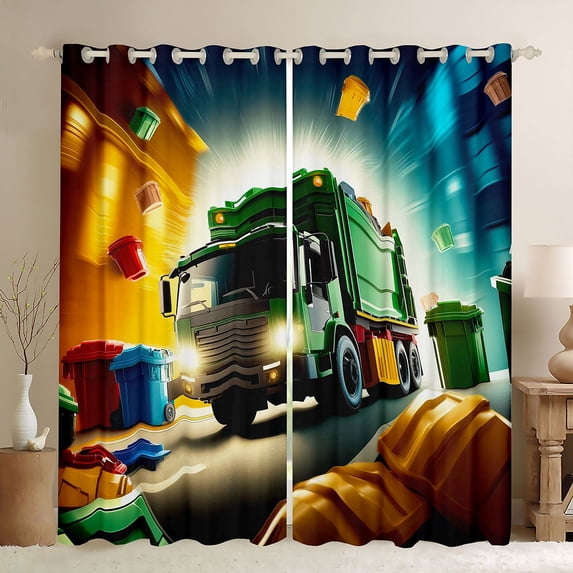 Castle Fairy 3D Garbage Truck Blackout Curtains Set of 2 (52x84 Each) for Boys, City Bin Print Window Curtains for Bedroom, Green Blue