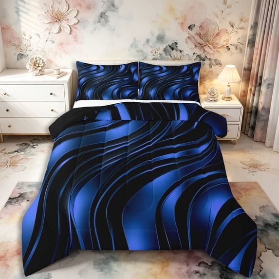 Castle Fairy 3D Metallic Blue Wave Full Size Comforter Sets 3-Piece,Curved Glossy Abstract Texture Bedding Comforter Set,Dark Azure,Black Reversible,1 Comforter and 2 Pillowcases