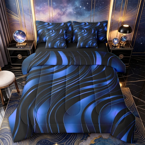 Castle Fairy 3D Metallic Blue Wave King Bedding 7pcs,Curved Glossy Abstract Texture King Bed in a Bag,Dark Azure,Black Reversible