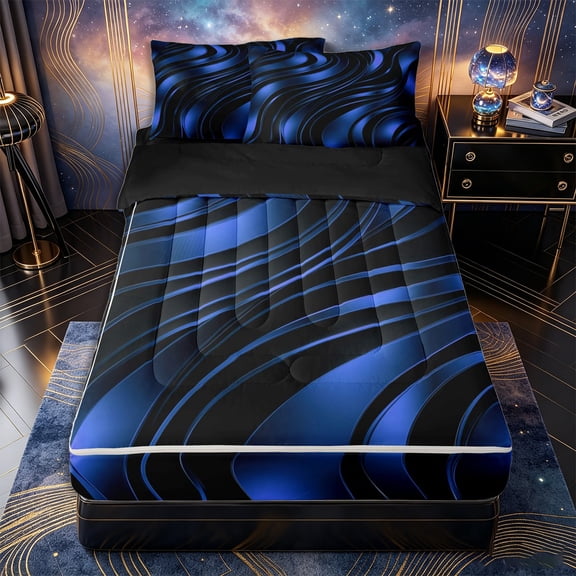 Castle Fairy 3D Metallic Blue Wave Zipper Twin Comforter Sets with Fitted Sheet and 2 Pillowcases,Curved Glossy Abstract Texture Zipper Bedding Set,Dark Azure,Black Reversible,4-Piece