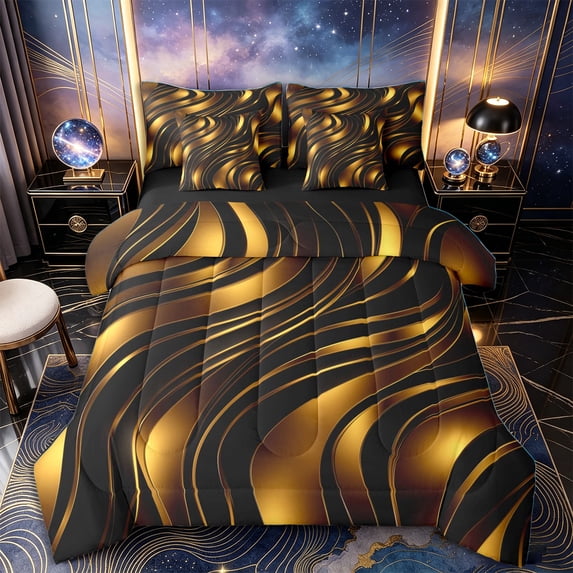 Castle Fairy 3D Metallic Gold Wave King Bedding 7pcs,Glossy Layered Abstract Pattern King Bed in a Bag,Gold Black,Black Reversible