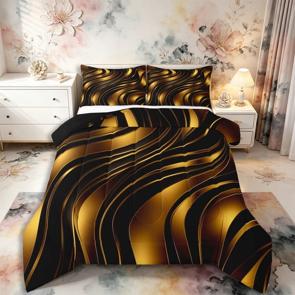 Castle Fairy 3D Metallic Gold Wave Queen Comforter Set 3 Pieces,Glossy Layered Abstract Pattern Comforter Sets Queen,Gold Black,Black Reversible,1 Comforter and 2 Pillowcases