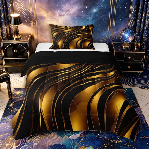 Castle Fairy 3D Metallic Gold Wave Twin Comforter Sets 2pcs,Glossy Layered Abstract Pattern Bedding Set,Gold Black,Black Reversible,1 Comforter and 1 Pillowcase