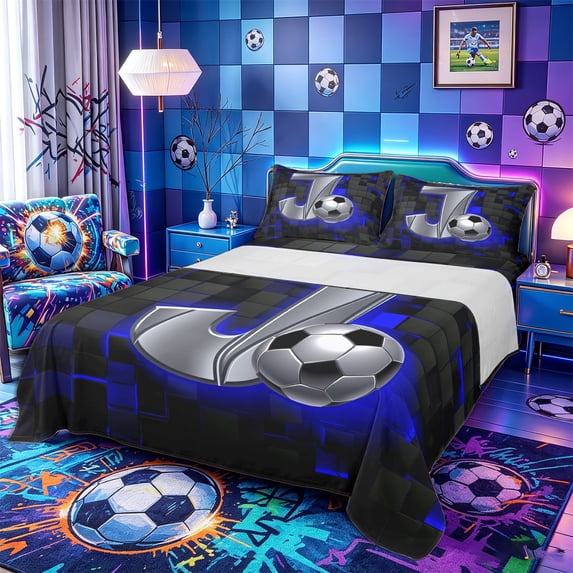 Castle Fairy 3D Metallic Letter J Soccer Print King Sheets 4pcs, Futuristic Sports Graphic Bedding, Silver Black Blue,1 Fitted Sheet, 1 Flat Sheet and 2 Pillowcases