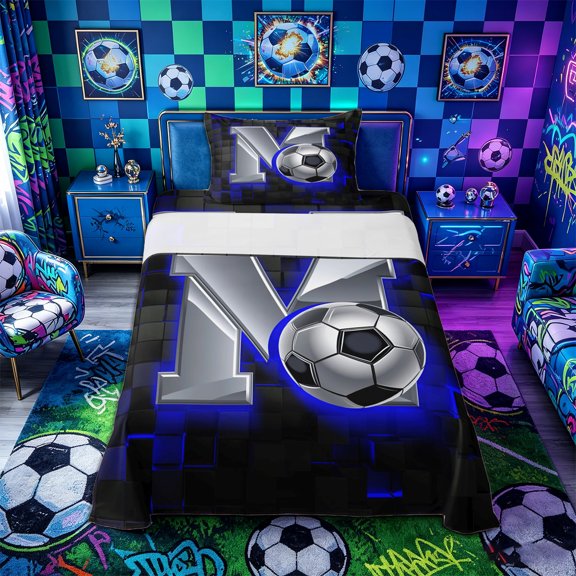 Castle Fairy 3D Metallic Letter M Soccer Print Twin Sheets 3pcs, Futuristic Sports Graphic Bedding, Silver Black Blue,1 Fitted Sheet, 1 Flat Sheet and 1 Pillowcase