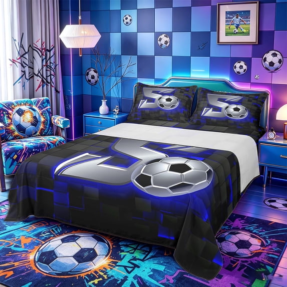 Castle Fairy 3D Metallic Letter S Soccer Print Bed Sheets 4-Piece, Futuristic Sports Graphic Full Size Sheets, Silver Black Blue,1 Fitted Sheet, 1 Flat Sheet and 2 Pillowcases