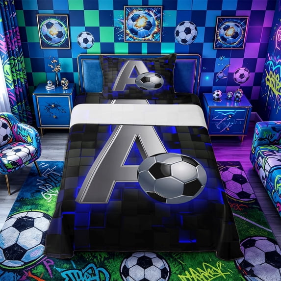 Castle Fairy 3D Metallic Letter A Soccer Print Twin Sheets 3pcs, Futuristic Sports Graphic Bedding, Silver Black Blue,1 Fitted Sheet, 1 Flat Sheet and 1 Pillowcase