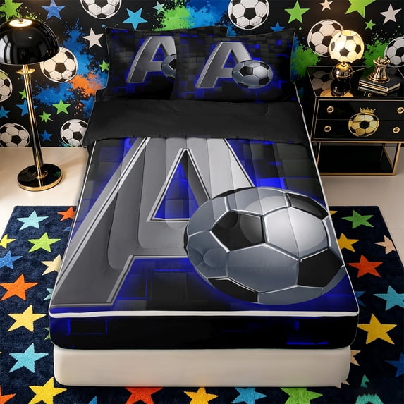 Castle Fairy 3D Metallic Letter A Soccer Print Zipper Twin Comforter Sets with Fitted Sheet and 2 Pillowcases, Futuristic Sports Graphic Zipper Bedding Set, Silver Black Blue,4-Piece,Black Reversible