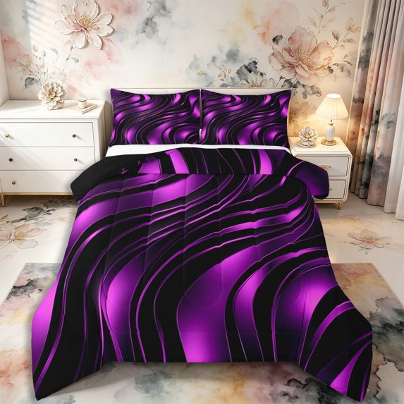 Castle Fairy 3D Metallic Purple Wave King Size Comforter Sets 3pcs,Shiny Layered Curved Graphic Comforters King Size,Violet Black,Black Reversible,1 Comforter and 2 Pillowcases