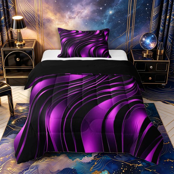 Castle Fairy 3D Metallic Purple Wave Twin Comforter Sets 2pcs,Shiny Layered Curved Graphic Bedding Set,Violet Black,Black Reversible,1 Comforter and 1 Pillowcase