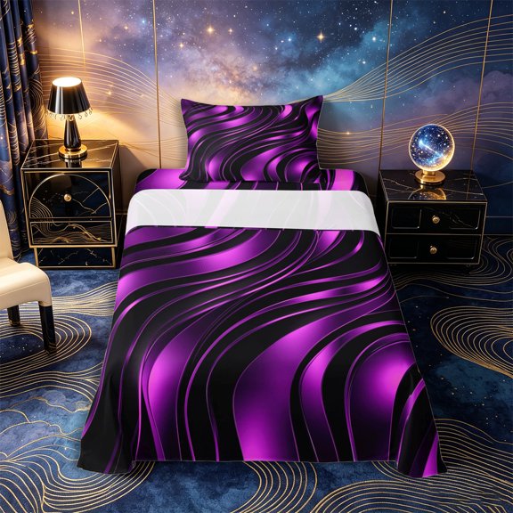 Castle Fairy 3D Metallic Purple Wave Twin Sheets 3pcs,Shiny Layered Curved Graphic Bedding,Violet Black,1 Fitted Sheet,1 Flat Sheet and 1 Pillowcase