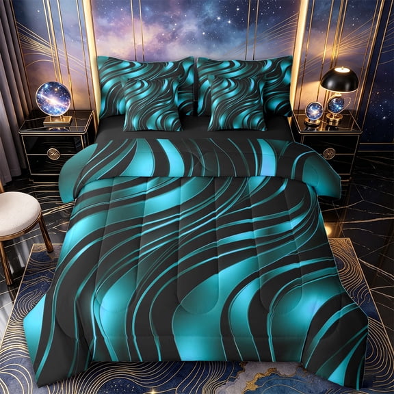 Castle Fairy 3D Metallic Teal Wave King Bedding 7pcs,Glossy Curved Abstract Texture King Bed in a Bag,Teal Black,Black Reversible