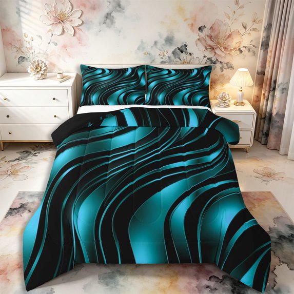Castle Fairy 3D Metallic Teal Wave Queen Comforter Set 3 Pieces,Glossy Curved Abstract Texture Comforter Sets Queen,Teal Black,Black Reversible,1 Comforter and 2 Pillowcases
