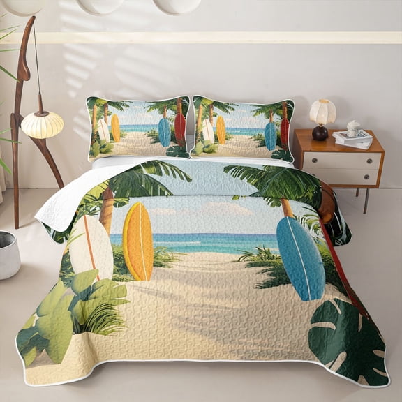 Castle Fairy 3D Tropical Surfboard Bed Spread Queen,Coastal Palm Path Layout Queen Coverlet Set,White Teal