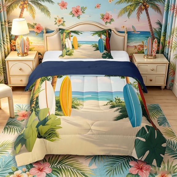 Castle Fairy 3D Tropical Surfboard Twin Comforter Sets 2pcs,Coastal Palm Path Layout Bedding Set,White Teal,Navy Blue Reversible,1 Comforter and 1 Pillowcase