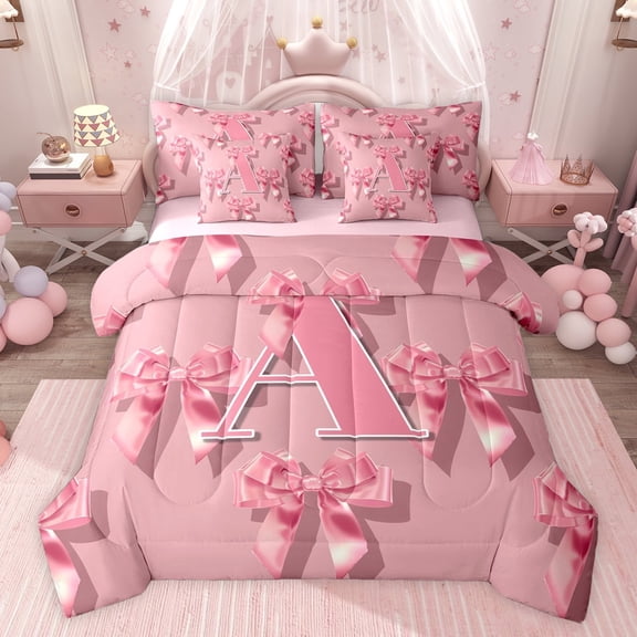 Castle Fairy 7-Piece Twin Bedding Set: Initial A Pink Bow-Tie Preppy Princess Microfiber