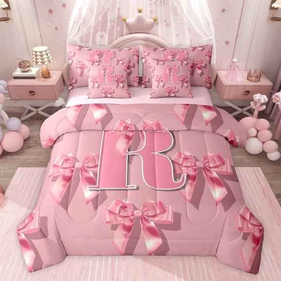 Castle Fairy 7-Piece Twin Bedding Set - Initial R Pink Bow Princess