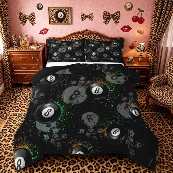 Castle Fairy 8-Ball Billiard Print King Size Comforter Sets 3pcs, Sport Theme Splash Comforters King Size, Black White Green,Black Reversible,1 Comforter and 2 Pillowcases