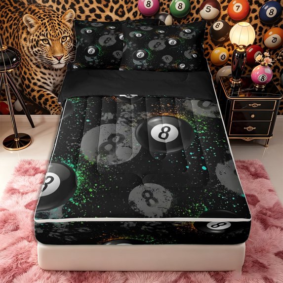Castle Fairy 8-Ball Billiard Print Zipper Full Size Comforter Sets with Fitted Sheet and 2 Pillowcases, Sport Theme Splash Zipper Bedding Set, Black White Green,4pcs,Black Reversible