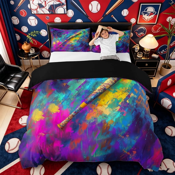 Castle Fairy Abstract Baseball Bat Duvet Cover Queen, Watercolor Splash Queen Bedding,Black Reversible,3-Piece,1 Duvet Cover and 2 Pillowcases