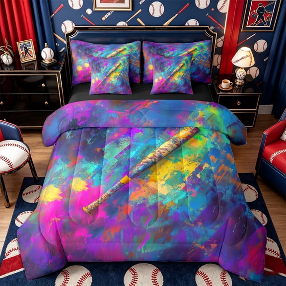 Castle Fairy Abstract Baseball Bat Twin Bedding 7-Piece, Watercolor Splash Bedding Comforter Set,Black Reversible