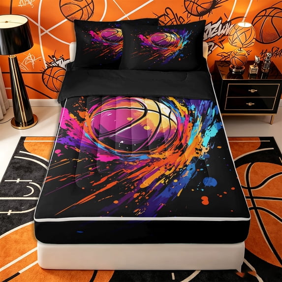 Castle Fairy Abstract Basketball Graffiti Zipper Full Size Comforter Sets with Fitted Sheet and 2 Pillowcases, Sport Watercolor Splash Zipper Bedding Set, Black Pink Purple,4pcs,Black Reversible