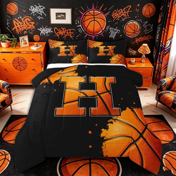 Castle Fairy Abstract Basketball Print Full Size Comforter Sets 3-Piece, Sport Theme Letter Bedding Comforter Set, Black Orange,Black Reversible,1 Comforter and 2 Pillowcases