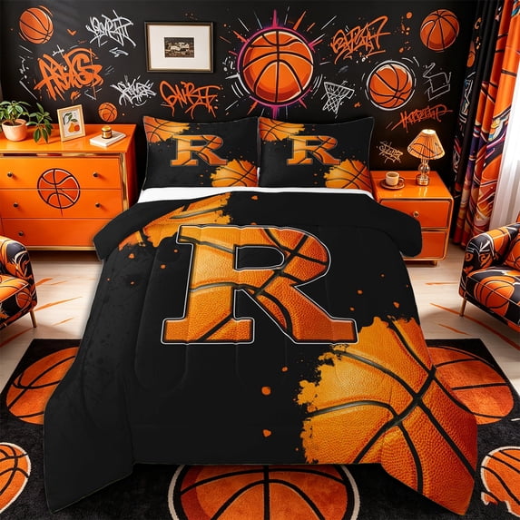 Castle Fairy Abstract Basketball Print Queen Comforter Set 3 Pieces, Sport Theme Letter R Comforter Sets Queen, Black Orange,Black Reversible,1 Comforter and 2 Pillowcases