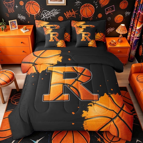 Castle Fairy Abstract Basketball Print Twin Bedding 7-Piece, Sport Theme Letter R Bedding Comforter Set, Black Orange,Black Reversible