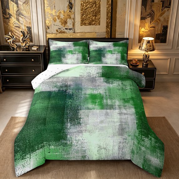 Castle Fairy Abstract Block Queen Comforter Set 3 Pieces,Minimalist Speckled Stain Comforter Sets Queen,Emerald Gray White,Reversible,1 Comforter and 2 Pillowcases