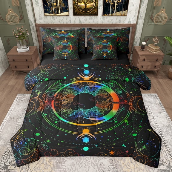 Castle Fairy Abstract Boho Sun And Moon Twin Bedding Sets 7-Piece for Adults Female Men Women,Exotic Style Starry Sky Bedding Comforter Set Microfiber,Psychedelic Galaxy Breathable Sheet Sets