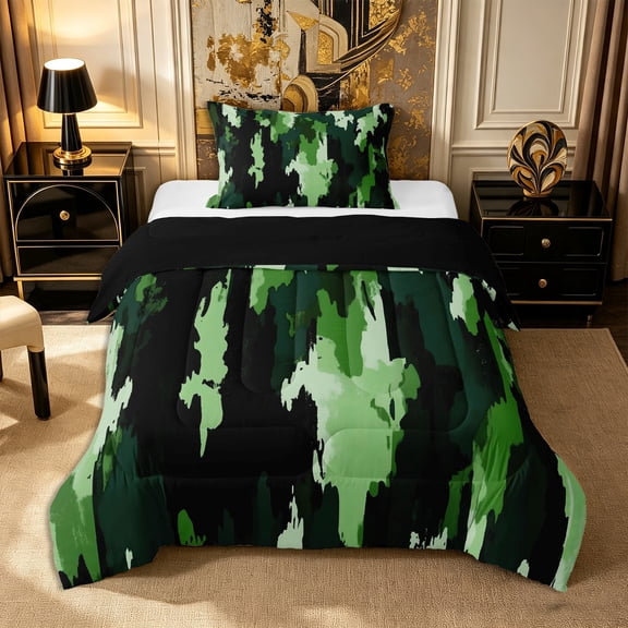Castle Fairy Abstract Brush Camo Twin Comforter Sets 2pcs,Watercolor Irregular Patch Bedding Set,Sage Mint Black,Reversible,1 Comforter and 1 Pillowcase