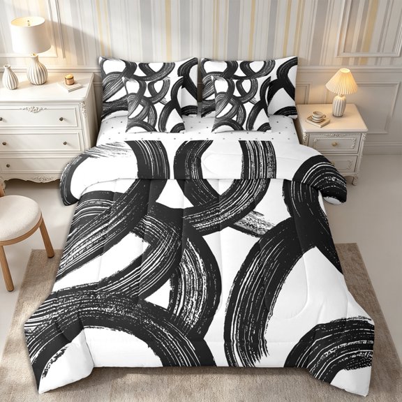 Castle Fairy Abstract Brush Ring Queen Bedding 7pcs,Watercolor Curved Stroke Bedding Comforter Set Queen,Black White,Reversible