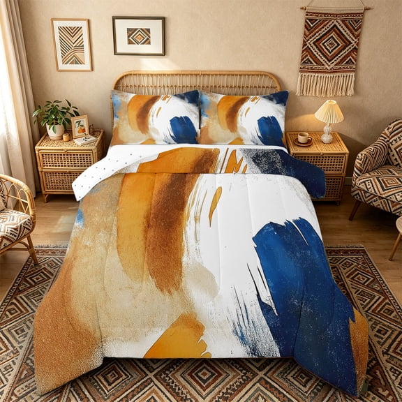 Castle Fairy Abstract Brushstroke Queen Comforter Set 3pcs for Adults, Watercolor Print Bedding Comforter Set for Bedroom, Orange Blue