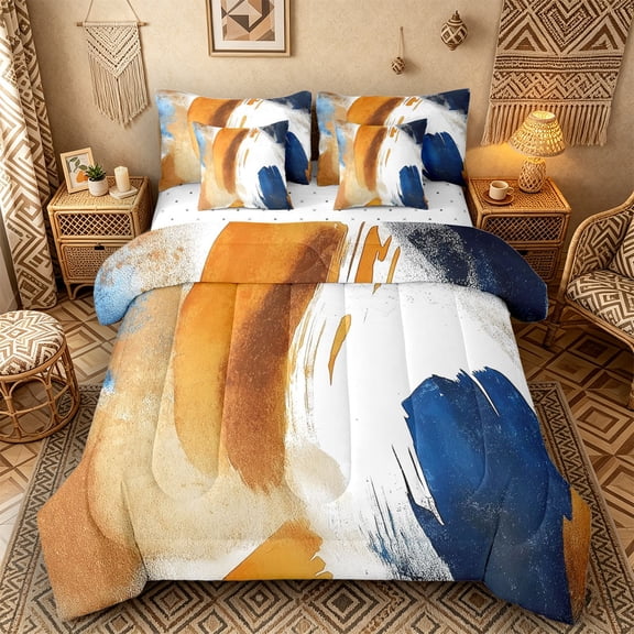 Castle Fairy Abstract Brushstroke Twin Bedding Sets 7-Piece for Adults, Watercolor Print Bedding Comforter Set for Bedroom, Orange Blue