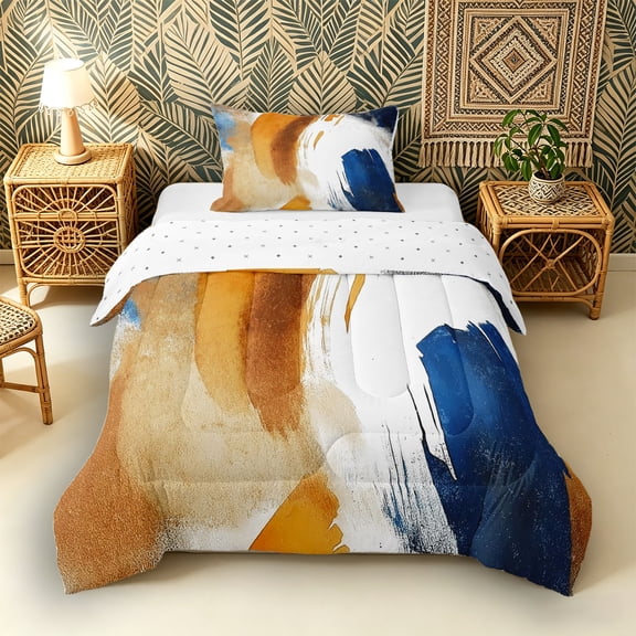 Castle Fairy Abstract Brushstroke Twin Comforter Sets 3-Piece for Adults, Watercolor Print Bedding Set for Bedroom, Orange Blue