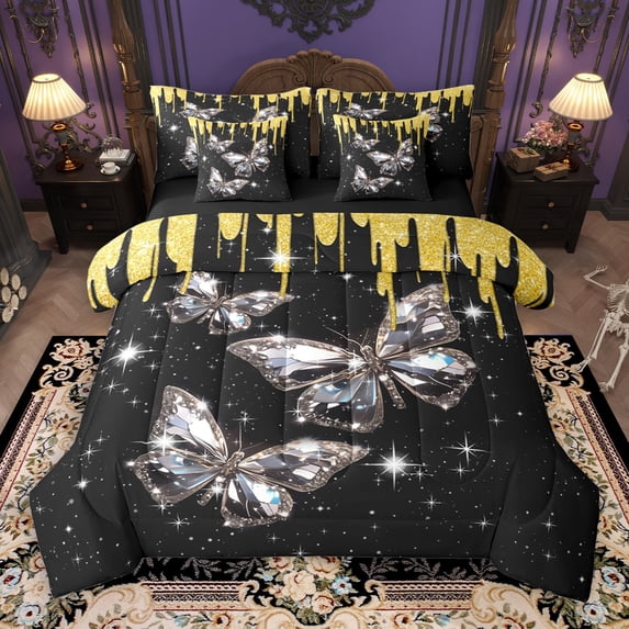 Castle Fairy Abstract Butterfly 7-Piece Bedding Comforter Set for Girls Teens Boys Women,Sparkling Sequin Crystal King Bedding Sets,Bling Glitter Ultra Soft Bed Sheets,Microfiber Bedroom Decor